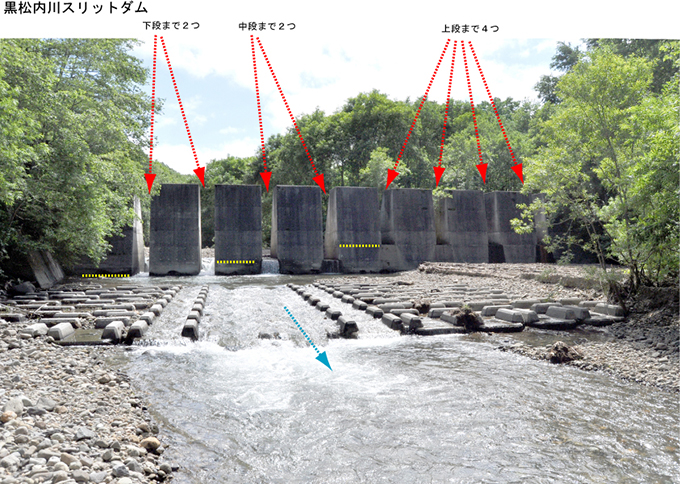 スリットを塞いでいた流木処理がされた後の2013年08月03日に撮影。下段、中段、上段の段違いのスリット型ダムになっている。